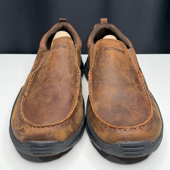 Skechers Shoes Mens 14 Dark Brown Leather Extra Wide Fit Slip On 66146EWW - Picture 4 of 9